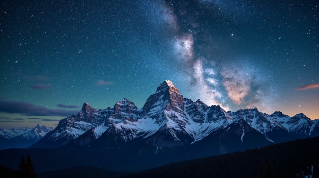 Snow-covered mountain peaks under Milky way galaxy in clear night sky