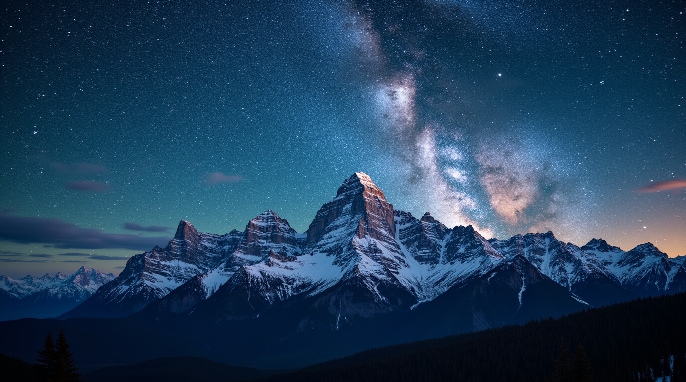 Snow-covered mountain peaks under Milky way galaxy in clear night sky